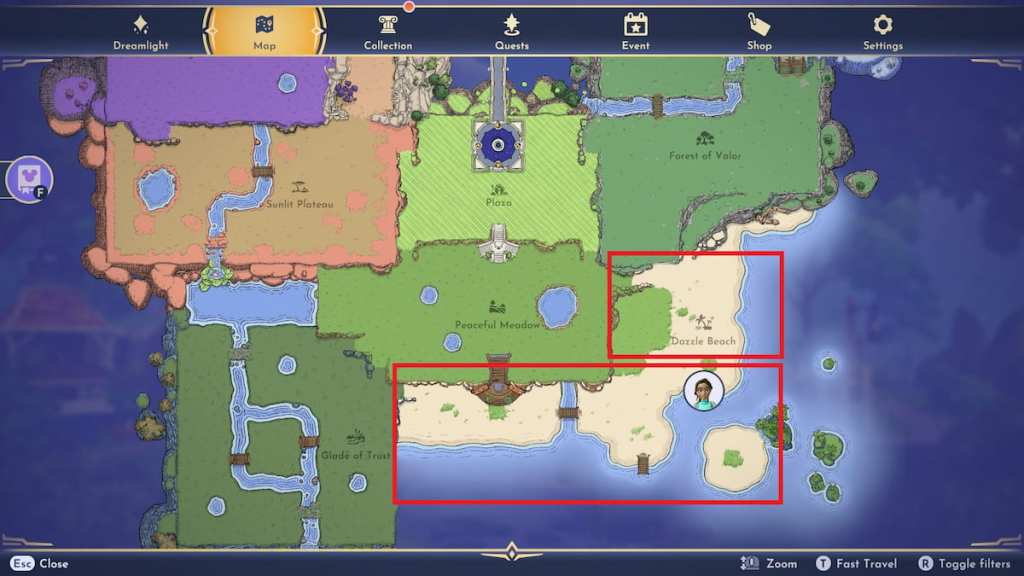 Dazzle beach marked on map disney dreamlight valley