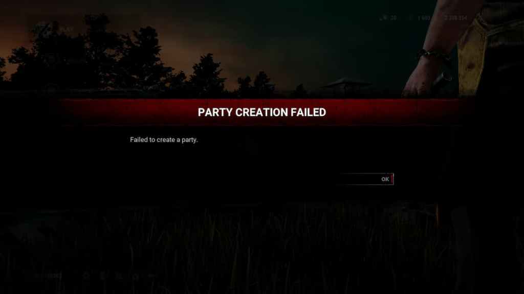 An error message in Dead by Daylight saying "Party Creation Failed" and that the game "Failed to create a party." 