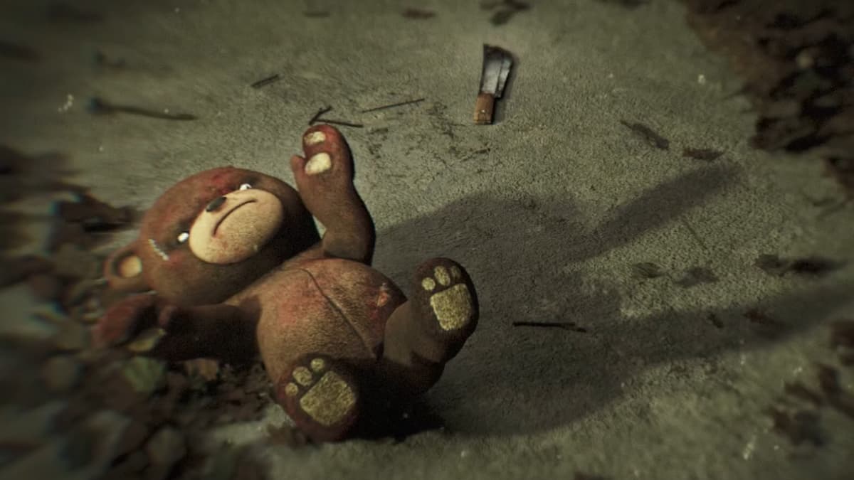 A teddy bear lying on a filthy floor in a strange room in Dead by Daylight x The Walking Dead.