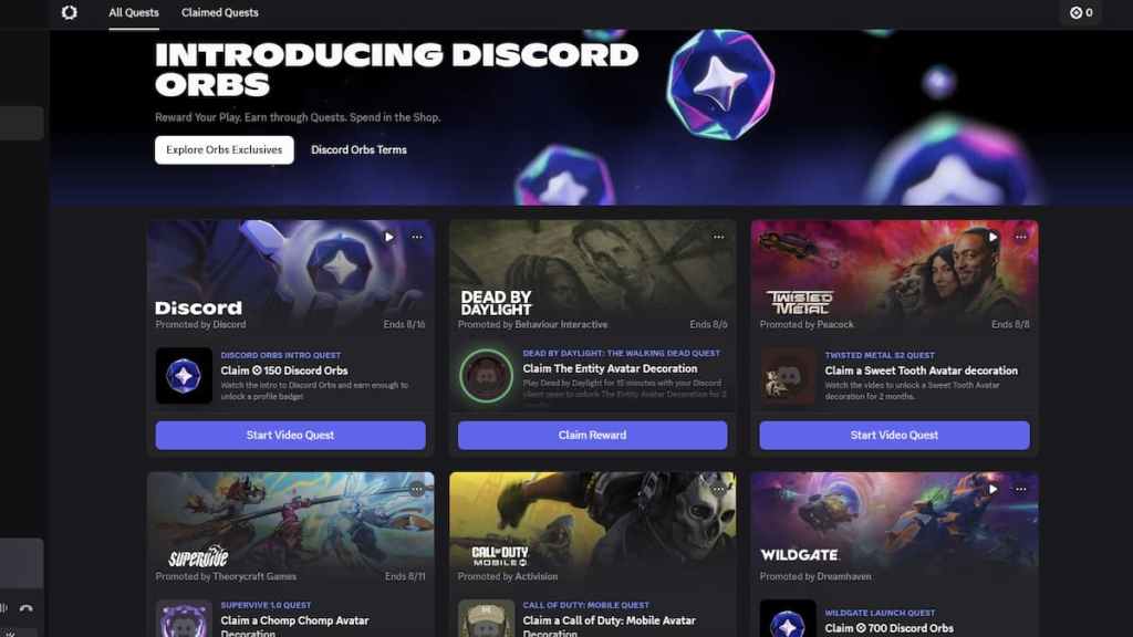 Discord's Quests tab showing various challenges related to different games and servers.