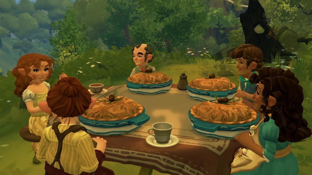 A group of characters sitting around a table eating in tales of the shire