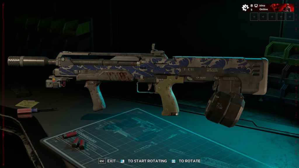 A pump-action shotgun painted with wild colors and equipped with a foregrip and drum magazine in Killing Floor 3. 
