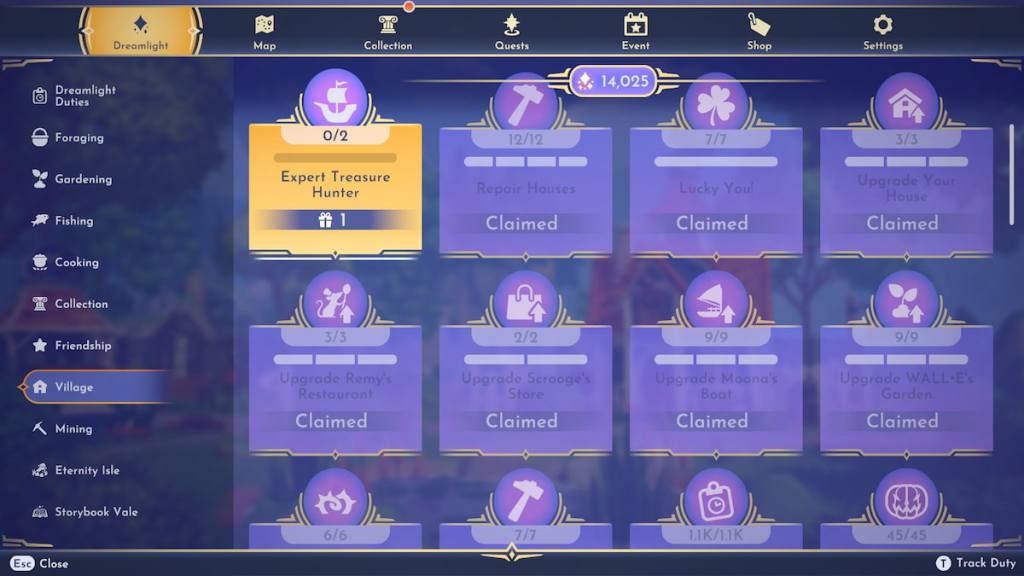 The Expert Treasure Hunter duty highlighted in disney dreamlight valley