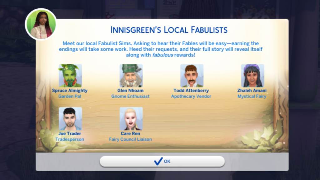 Six Sims who offer fables in the sims 4