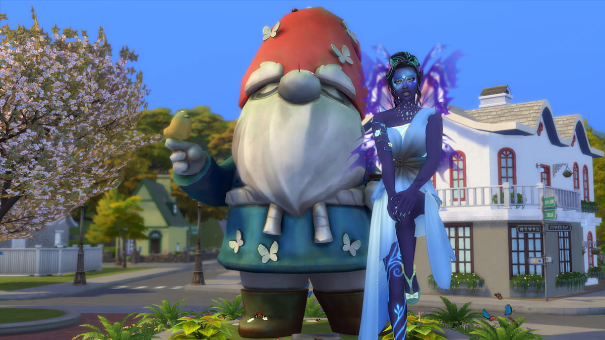 A fairy with dark blue skin, black hair, a blue dress, and blue/purple wings hovering in the air in front of a massive gnome statue in the sims 4