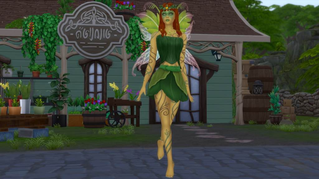 A fairy with green skin, a leafy green dress, green and pink wings, and orange hair walking outside a plant shop in The Sims 4
