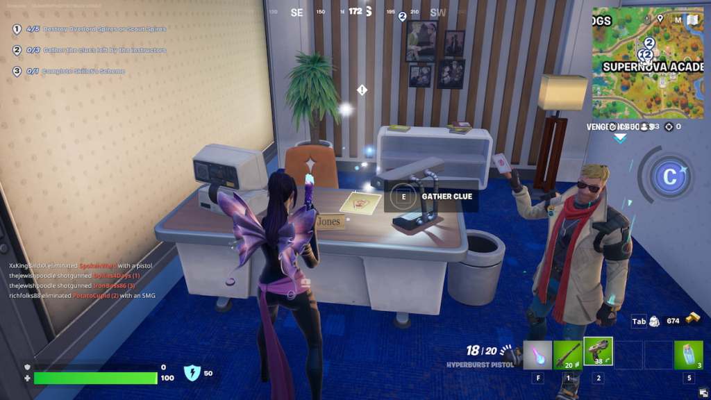 Psylocke looking at a tan file clue on a table in Fortnite