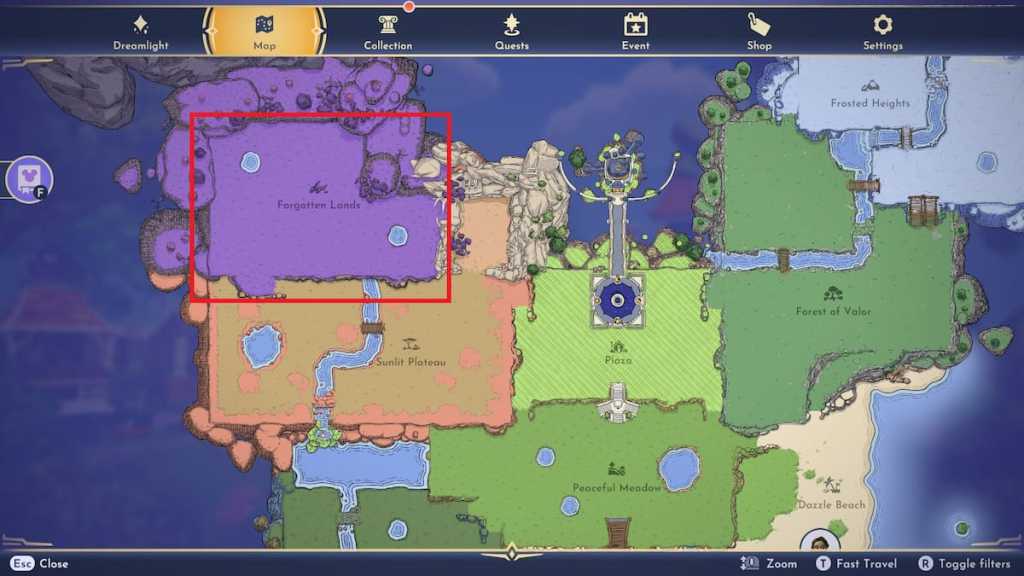 Forgotten lands biome marked in disney dreamlight valley