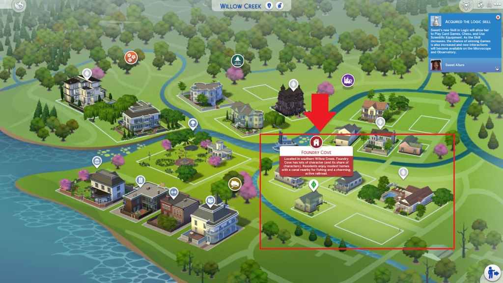 A map of Willow Creek with Foundry Cove marked in the sims 4