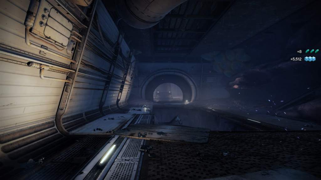 A guardian looks at a small room in Augur's Bethel, where a Rosetta Sentry spawns.