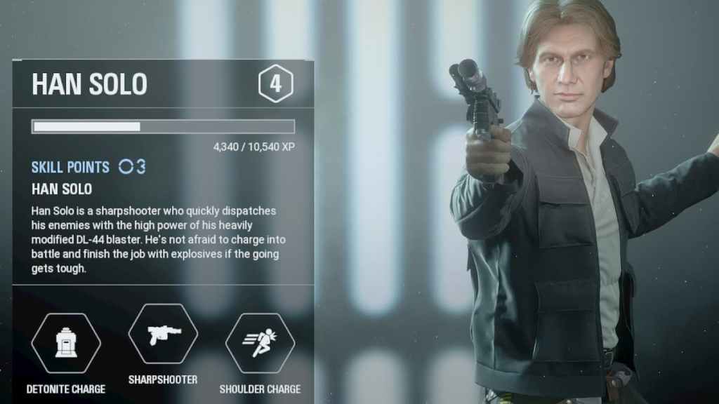 Han Solo, with the likeness of Harrison Ford, pointing his blaster at the camera in Star Wars Battlefront 2. 