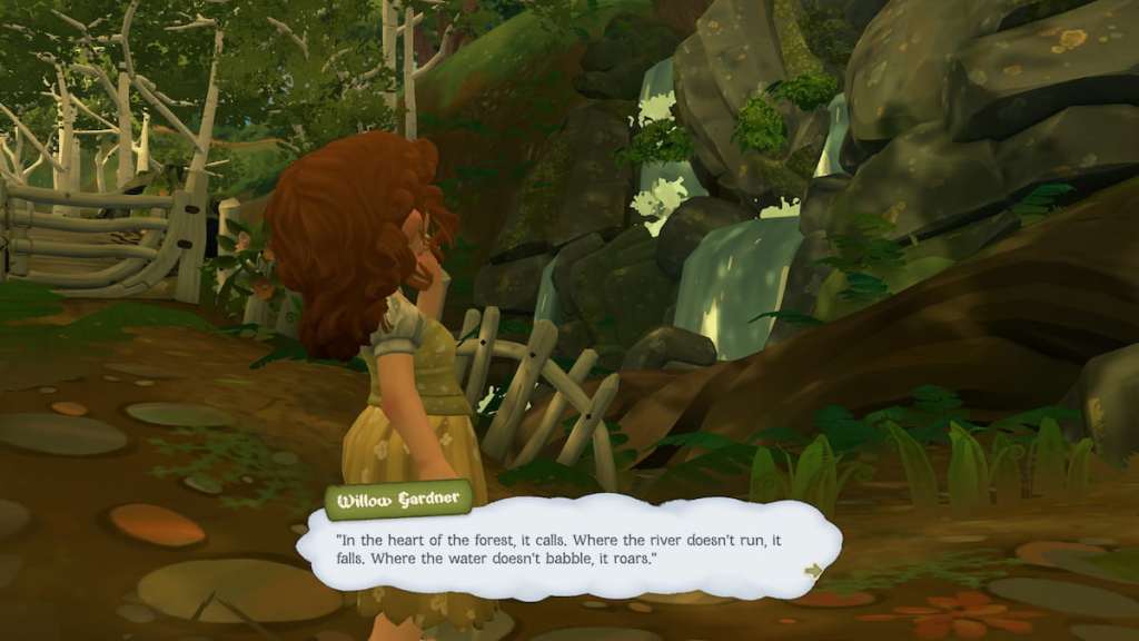 A hobbit looking at a waterfall in tales of the shire