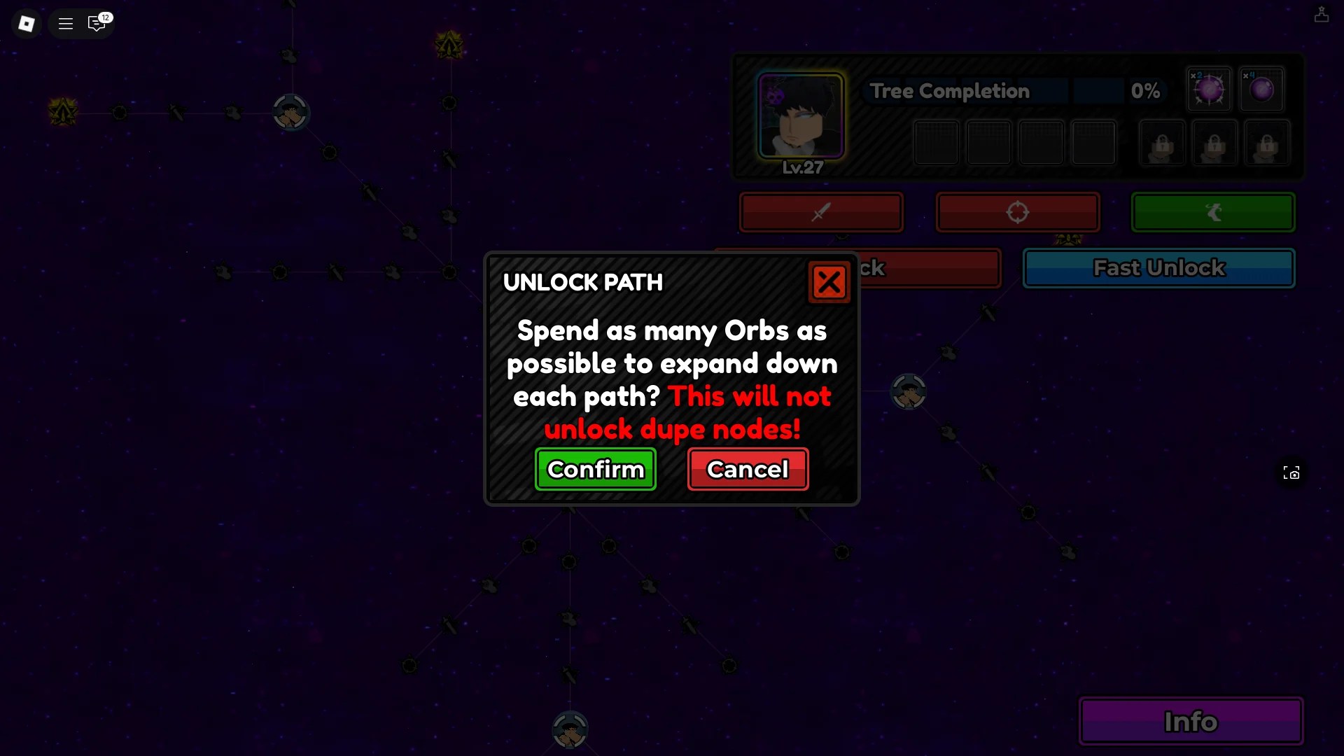 Preview of the Fast Unlock option in the Hidden Potential menu in the All Star Tower Defense X Roblox experience.