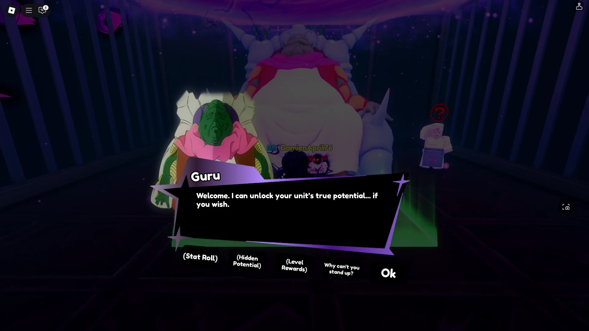 A player showing the location of the Hidden Potential NPC in the All Star Tower Defense X Roblox experience.
