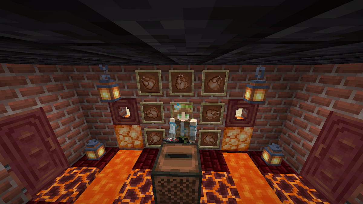 A minecraft character standing surrounded by lava holding a black and red disc in miencraft