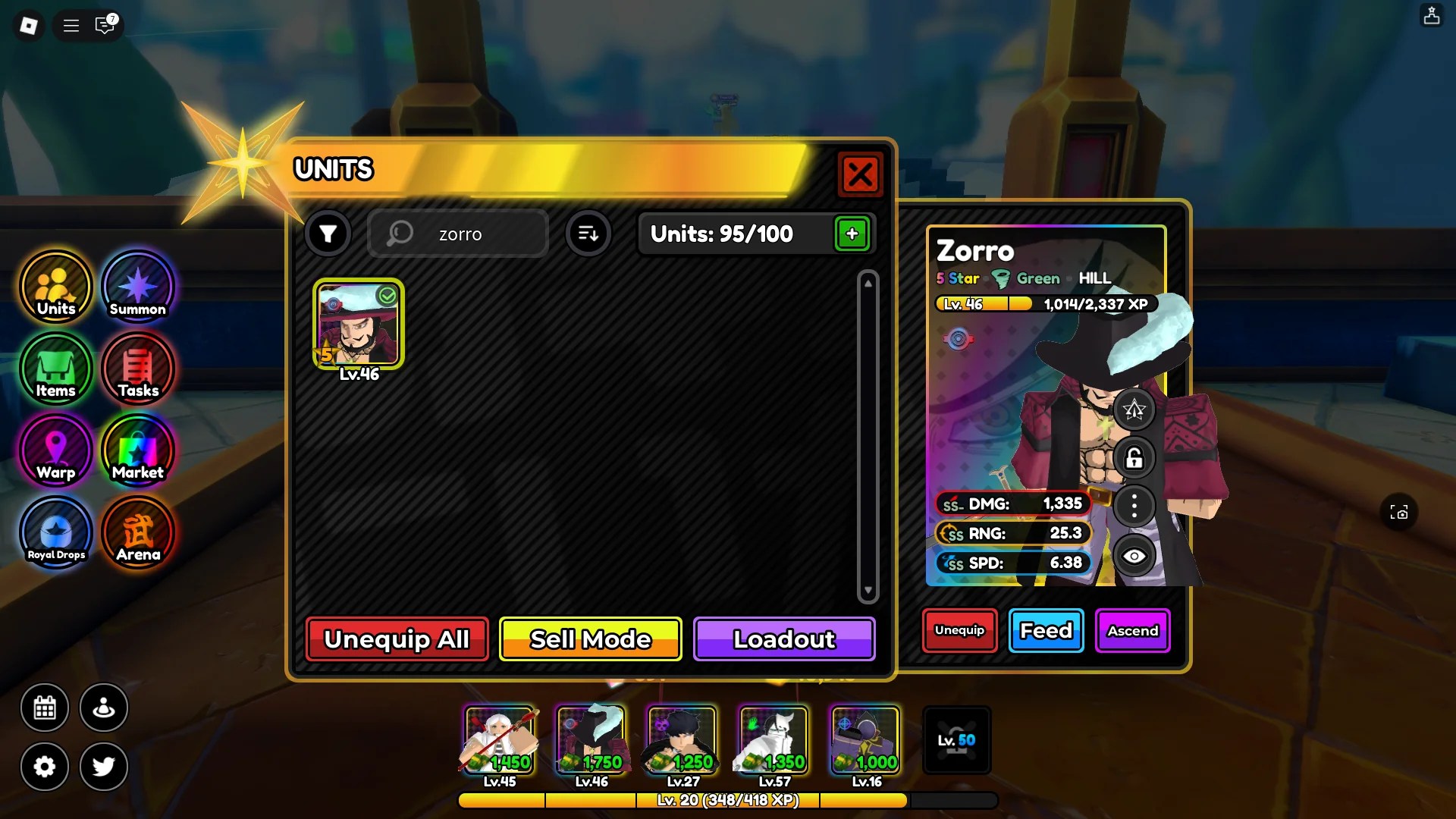 A player showing how to enter the Hidden Potential menu by clicking on a unit in the Unit inventory in the All Star Tower Defense X Roblox experience.