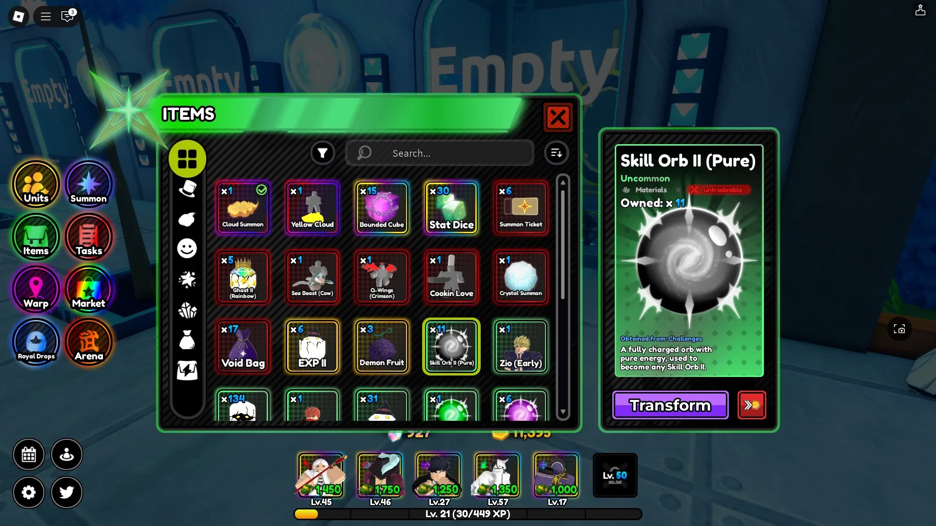 A player using a Skill Orb (Pure) in their inventory to transform them into a Skill Orb of a specific color in the All Star Tower Defense X Roblox experience.