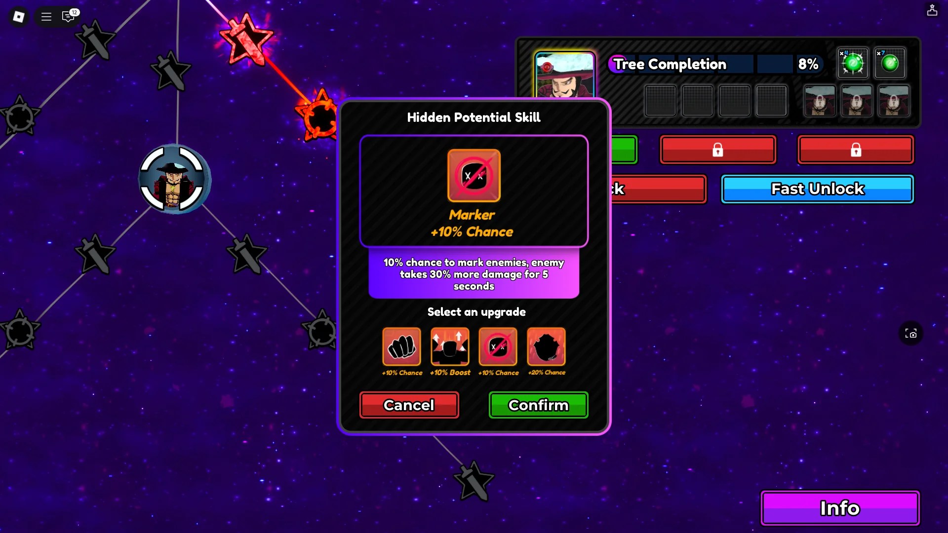 A player showing how to unlock a special skill on the Hidden Potential skill tree of a unit in All Star Tower Defense X Roblox experience.