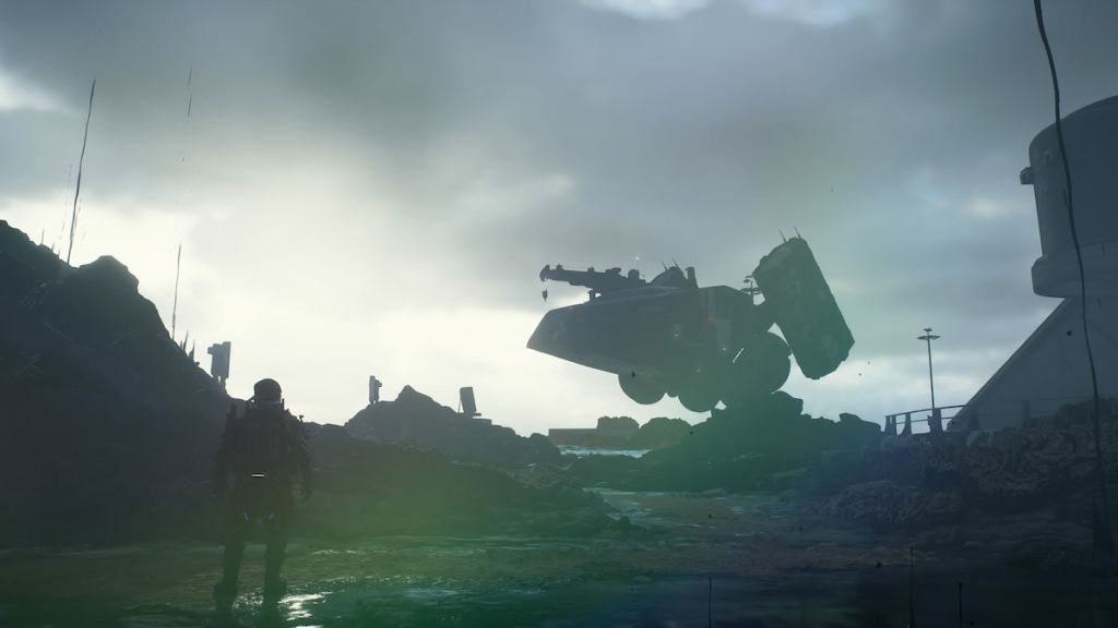 Sam looking at the DHV Magellan in Death Stranding 2