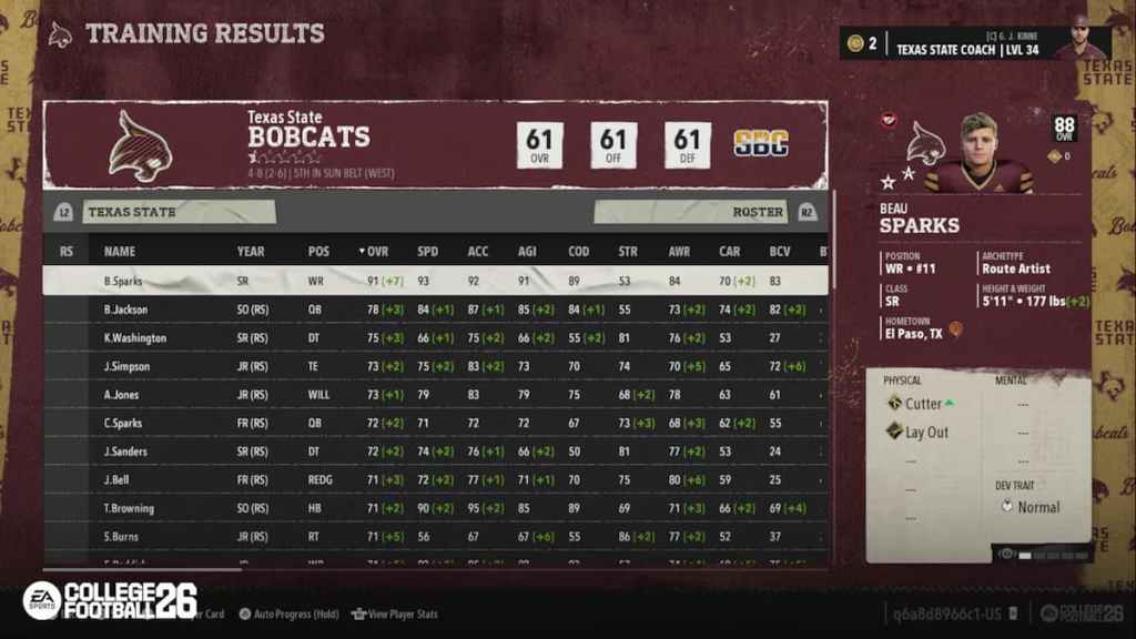 CFB 26 Training Results screen