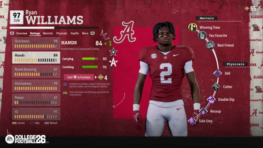 Ryan Williams CFB 26 player screen