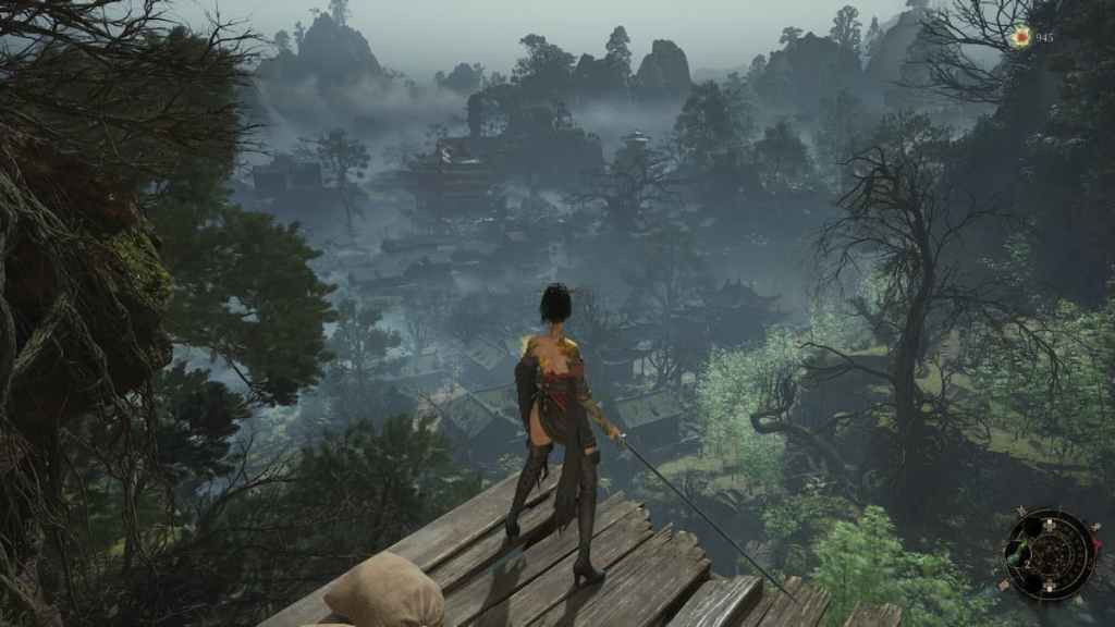Wuchang: Fallen Feathers screenshot of Wuchang looking out over an early area in the game