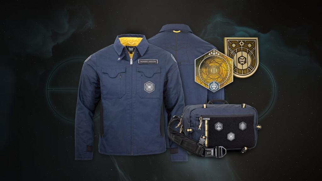 Destiny 2 The Desert Perpetual jacket, bag, and pin