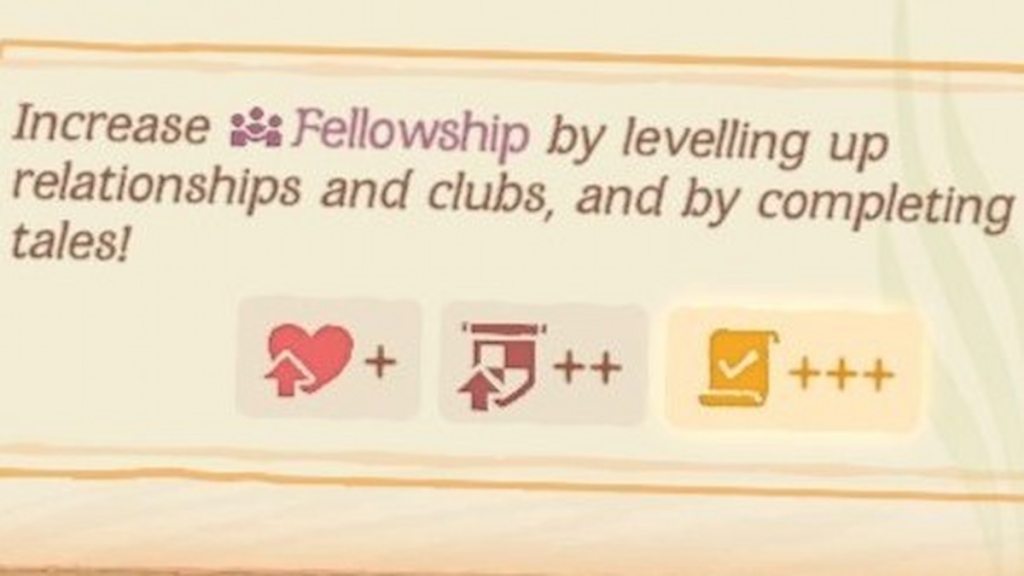 All three options for increasing fellowship in tales of the shire including relationships, club missions, and tales