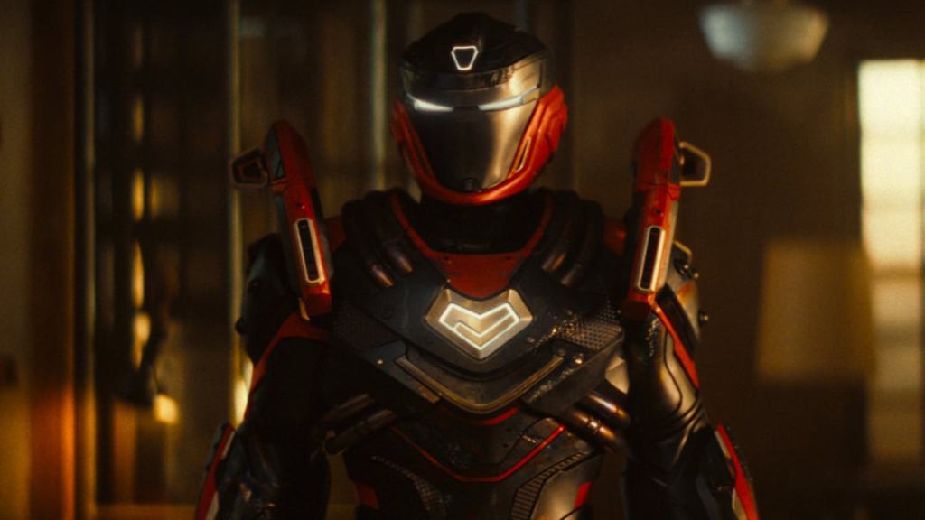 Riri williams wearing a black and red iron suit in ironheart