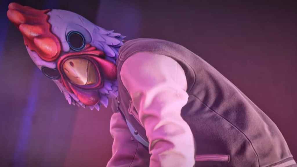 A man wearing a chicken mask and a jacket staring menacingly at the camera in Payday 3.