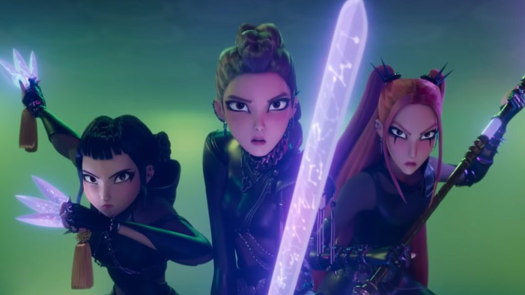 Zoey, Rumi, and Mira holding weapons and preparing to fight in kpop demon hunters