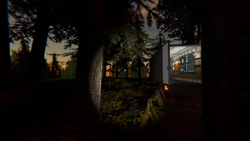 Looking at Slenderman outside by the truck from inside Camp Woodwind in Phasmophobia