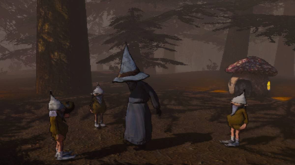 A sorcerer standing amid a group of gnomes in a forest in Mage Arena.