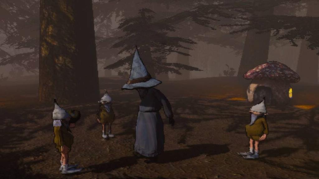 A sorcerer standing amid a group of gnomes in a forest in Mage Arena.