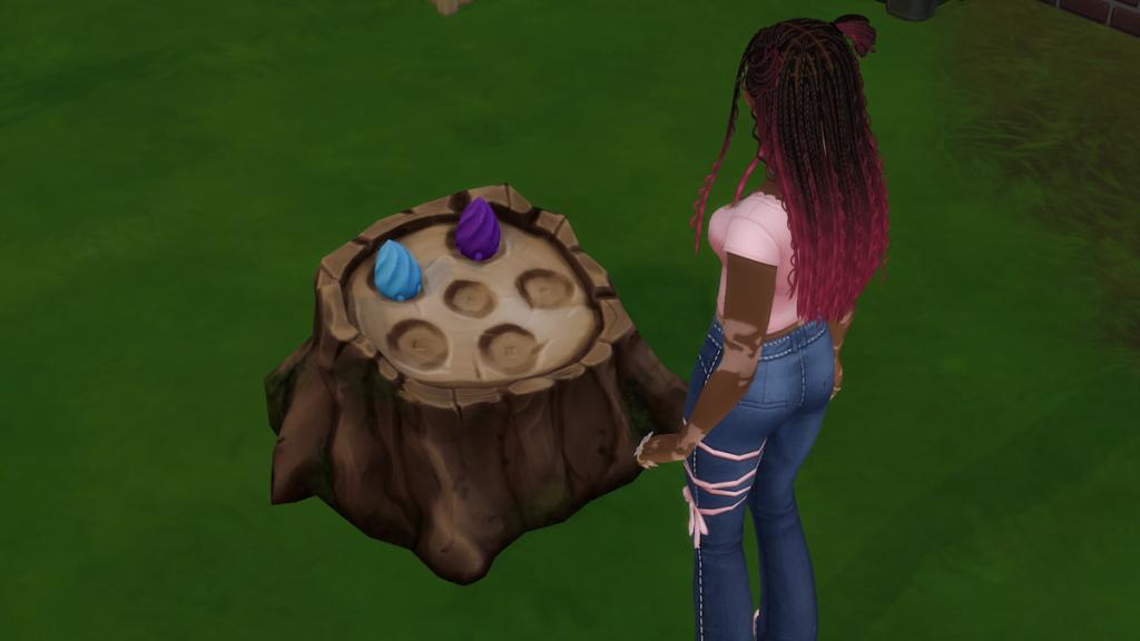 A sim wearing a pink top and blue jeans looking at two magic beans in a tree stump in the sims 4