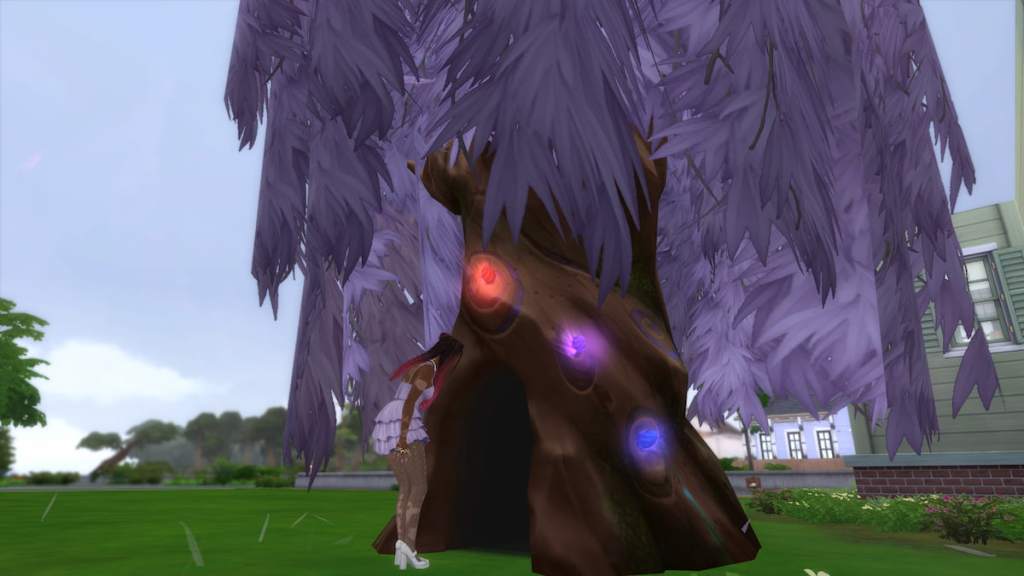 A Sim with brown and pink hair and a purple dress walking into a magical tree entrance in the sims 4