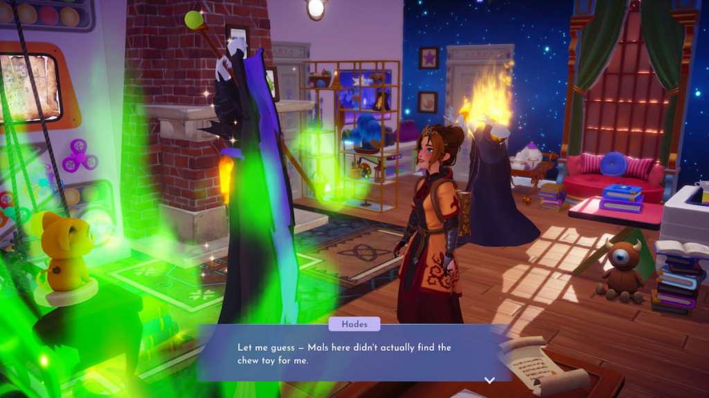 Maleficent and Hades arguing inside a house in disney dreamlight valley