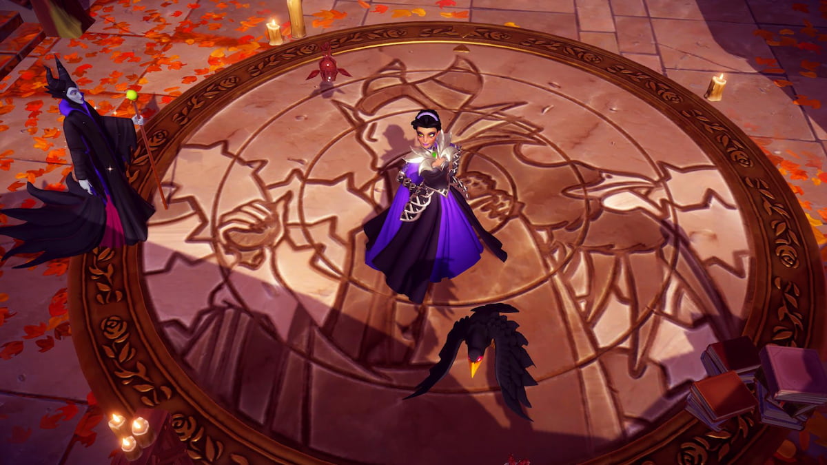 a character wearing a purple and black dress standing on a maleficent tile puzzle in disney dreamlight valley