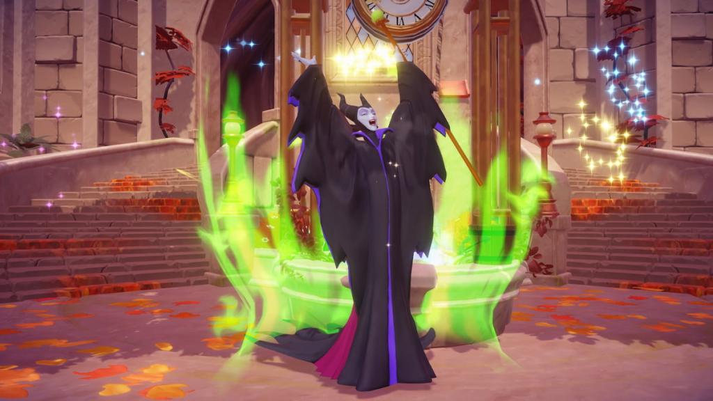 Maleficent with green fire around her by a well in disney dreamlight valley