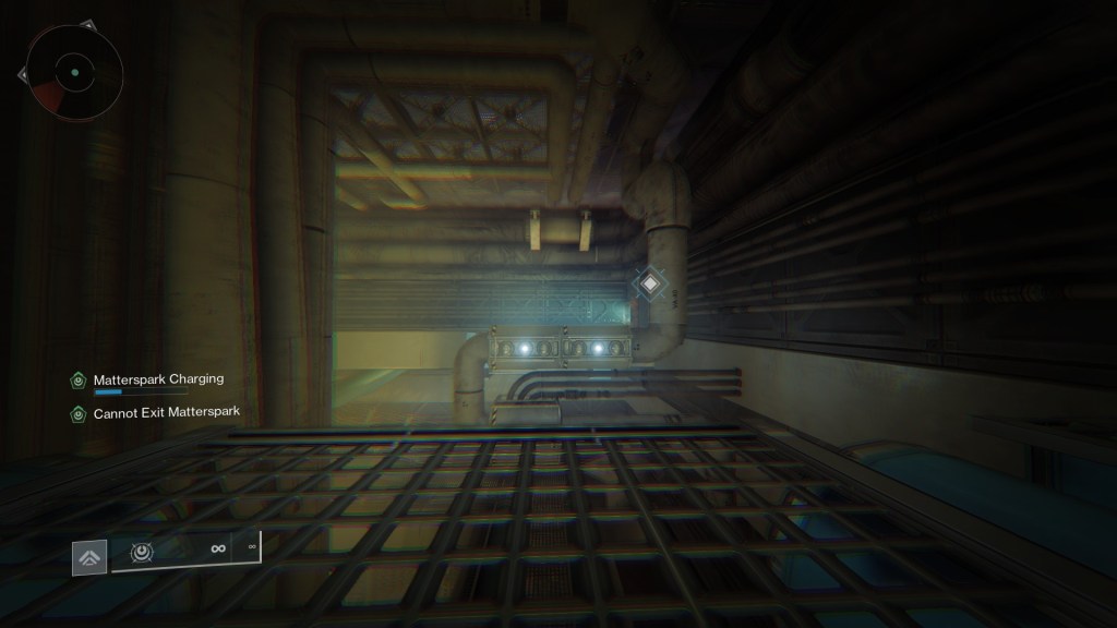 A guardian in Matterspark shows a ledge leading to a passage through the wall.