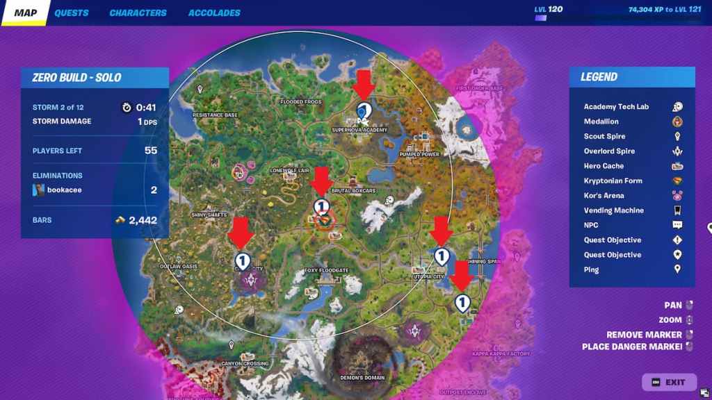 Five mementos locations marked on a map in fortnite