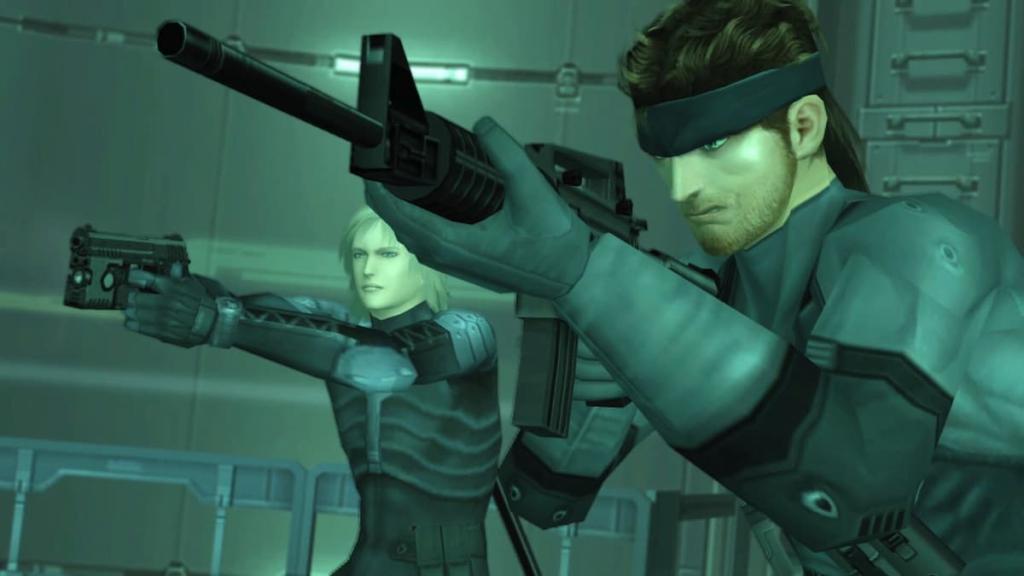 Two soldiers in military clothing holding weapons and pointing them to the side of the camera in Metal Gear Solid 2: Sons of Liberty