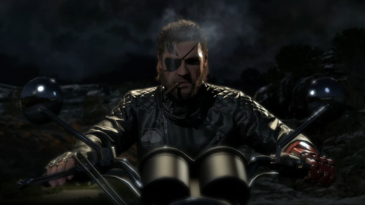 Venom Snake with a cigar in his mouth riding a bike in Metal Gear Solid 5.