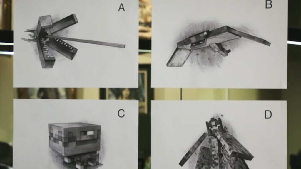 Four drawings of options for Minecraft live in 2027, including phantom, barnacle, the great hunger, and the wildfire