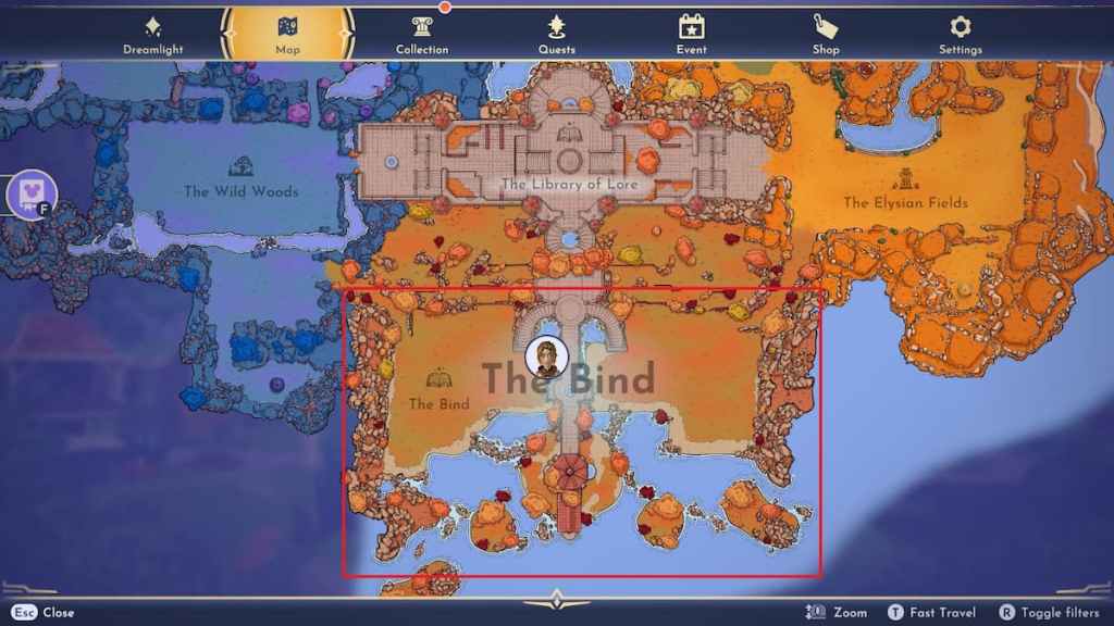 The Bind biome marked on a map in dissney dreamlight valley