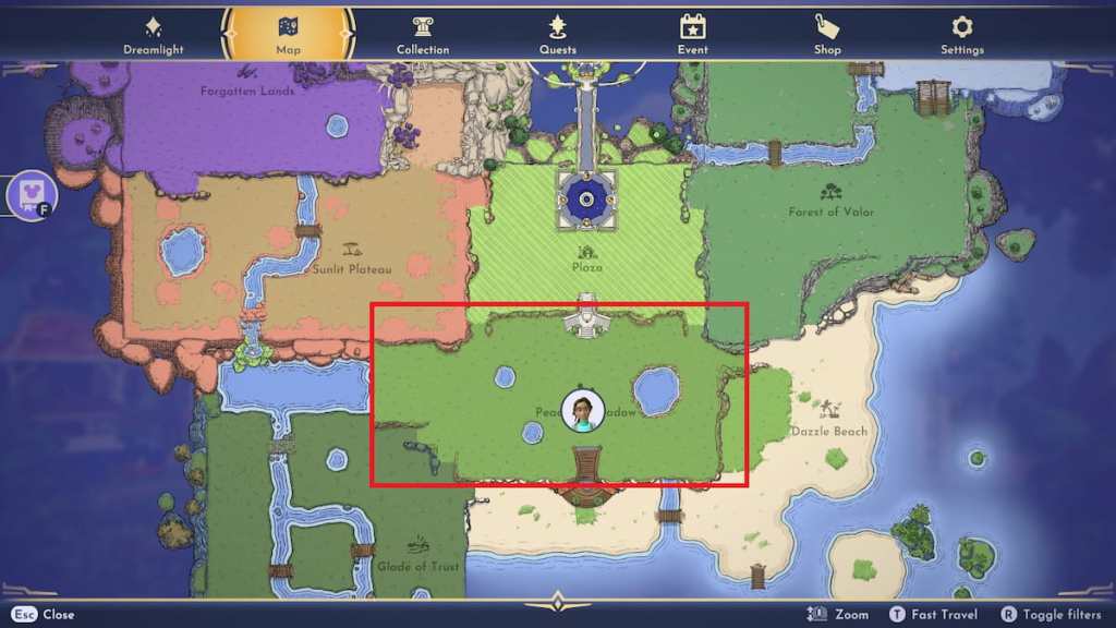 A map of disney dreamlight valley with the peaceful meadow area marked