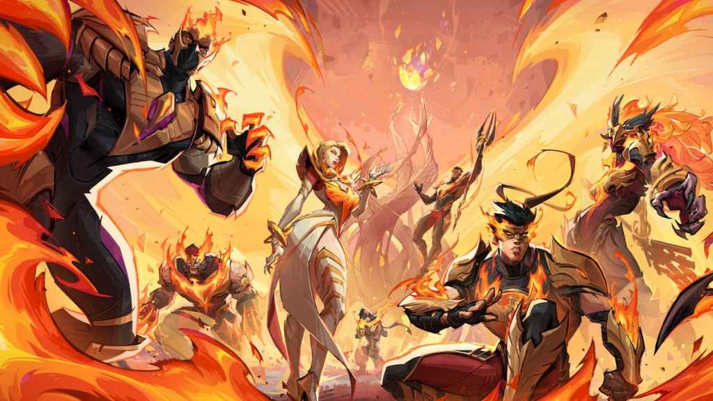 Black Panther, Wolverine, Emma Frost, Black Widow, Namor, Iron Fist, and Magik wearing fiery skins in marvel rivals