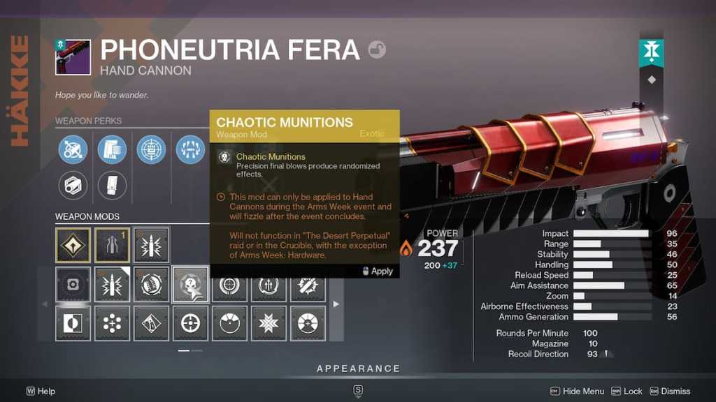 A Phoneutria Fera equipped with the Chaotic Munitions mod in Collections.