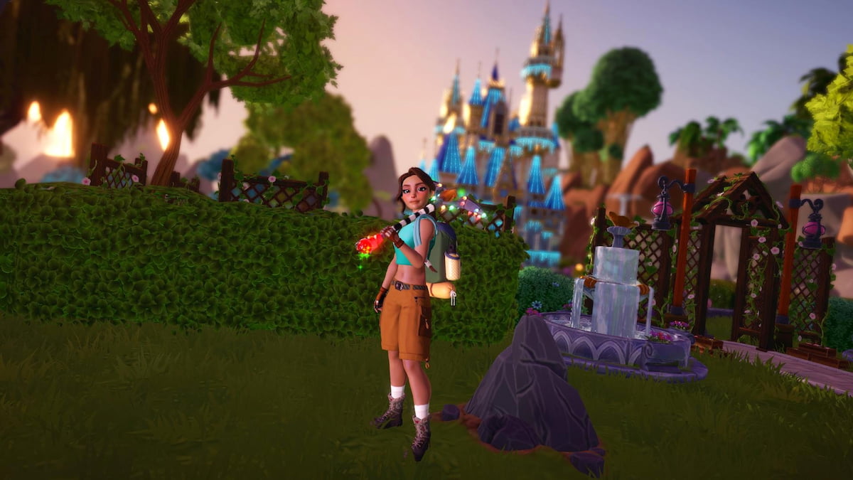 A character in a blue top and brown shorts holding a pickaxe next to a rock in disney dreamlight valley