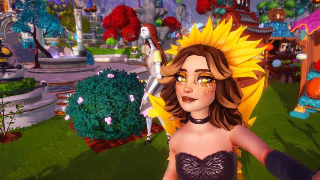 Taking a picture with a pink marshmallow bush in disney dreamlight valley